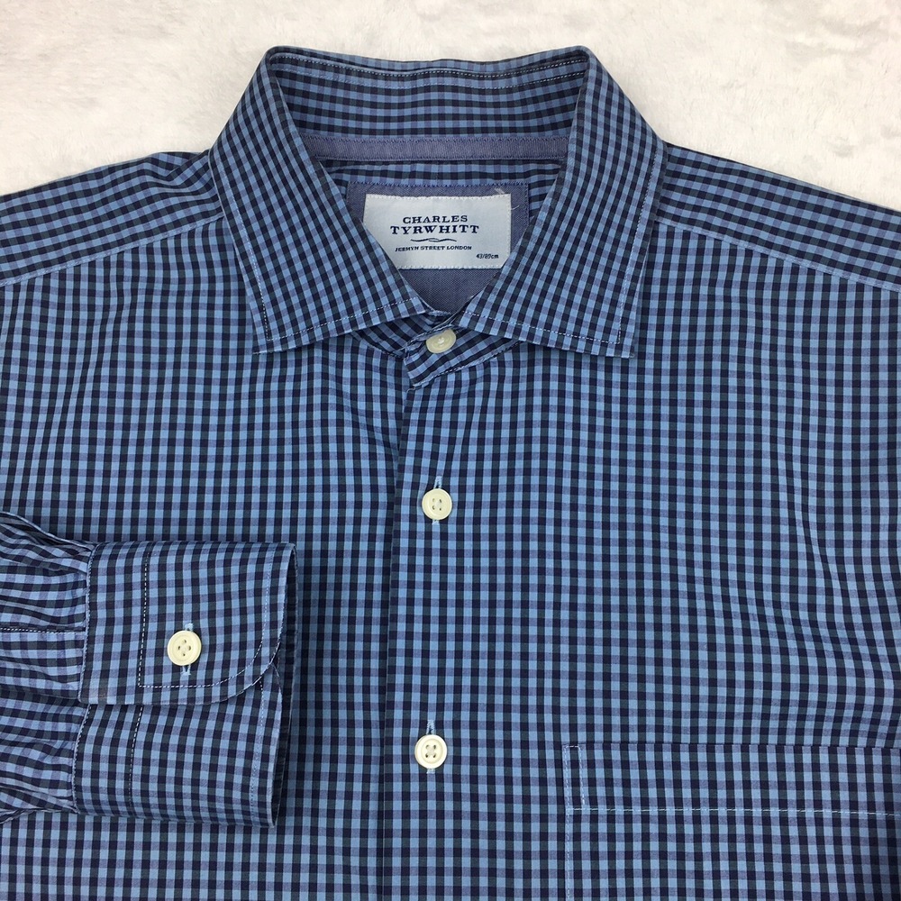 Charles Tyrwhitt Shirt Men's 17-35 Black/Blue Checks Long Sleeves
